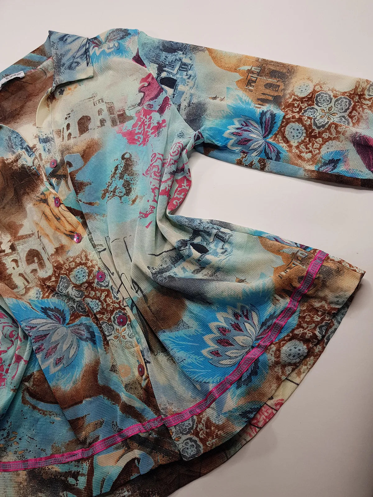 1990s Sexy Vintage Designer Bohemian Rockstar Style - Button up Collared Top - Insane Ancient Religion Print