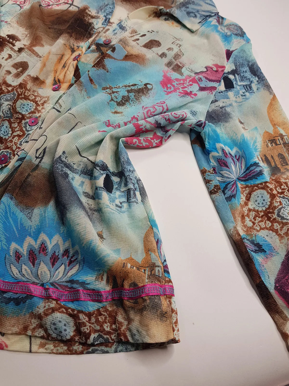 1990s Sexy Vintage Designer Bohemian Rockstar Style - Button up Collared Top - Insane Ancient Religion Print