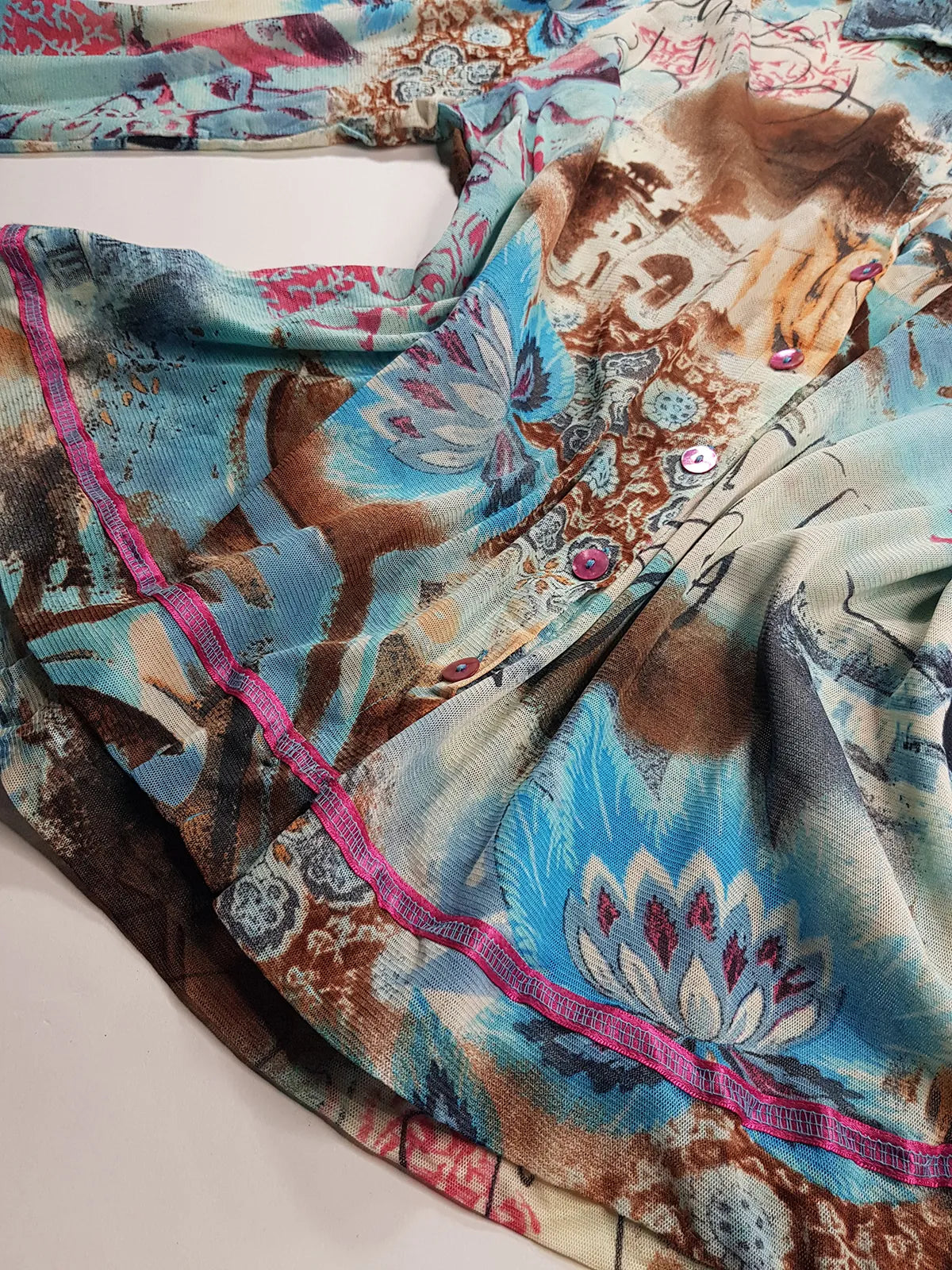 1990s Sexy Vintage Designer Bohemian Rockstar Style - Button up Collared Top - Insane Ancient Religion Print