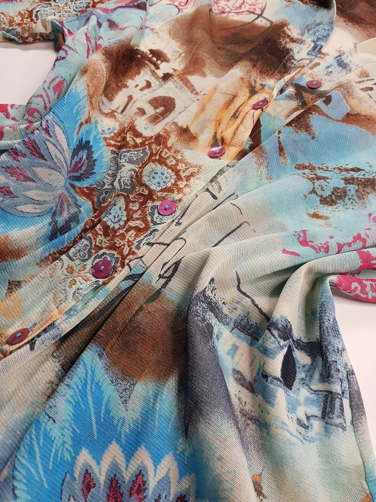 1990s Sexy Vintage Designer Bohemian Rockstar Style - Button up Collared Top - Insane Ancient Religion Print