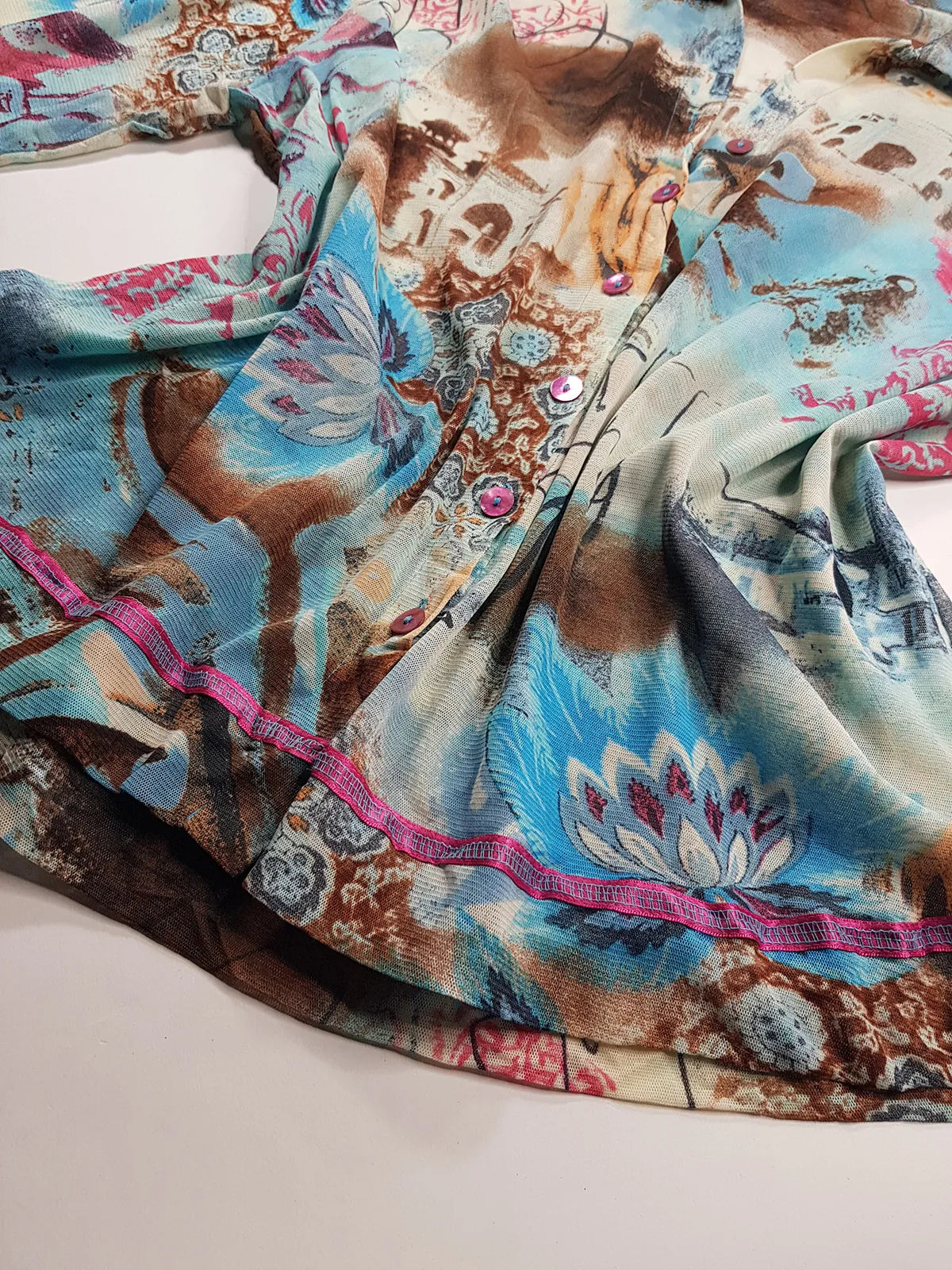 1990s Sexy Vintage Designer Bohemian Rockstar Style - Button up Collared Top - Insane Ancient Religion Print