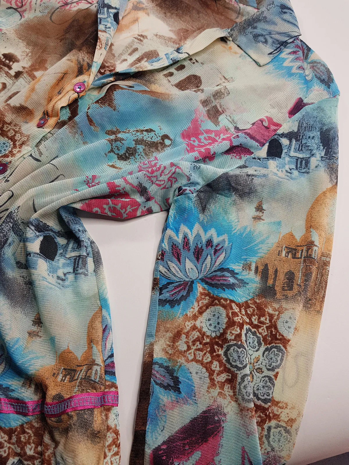 1990s Sexy Vintage Designer Bohemian Rockstar Style - Button up Collared Top - Insane Ancient Religion Print