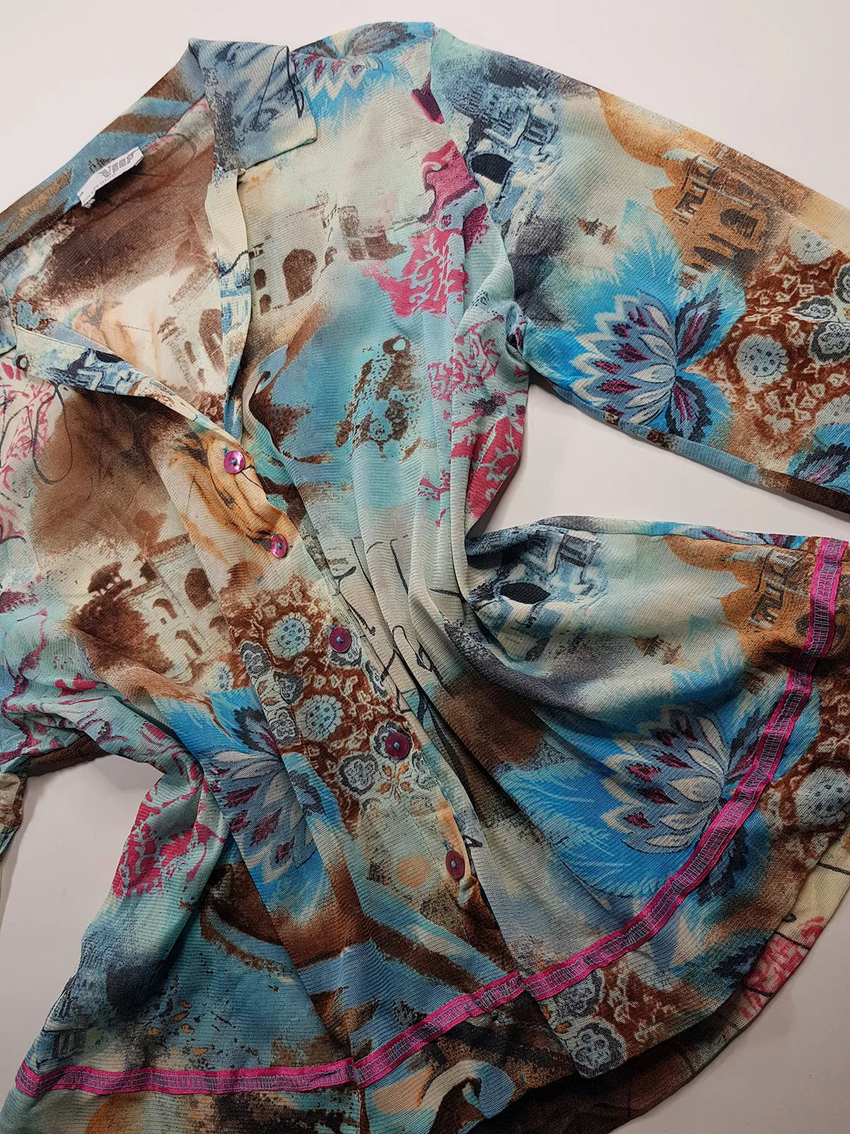 1990s Sexy Vintage Designer Bohemian Rockstar Style - Button up Collared Top - Insane Ancient Religion Print