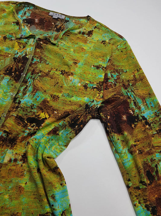 1990s Sexy Vintage Designer Collared Top - Button Feature Front - Tight & Form Fitting Stretch Fabric - Chartreuse & Blue