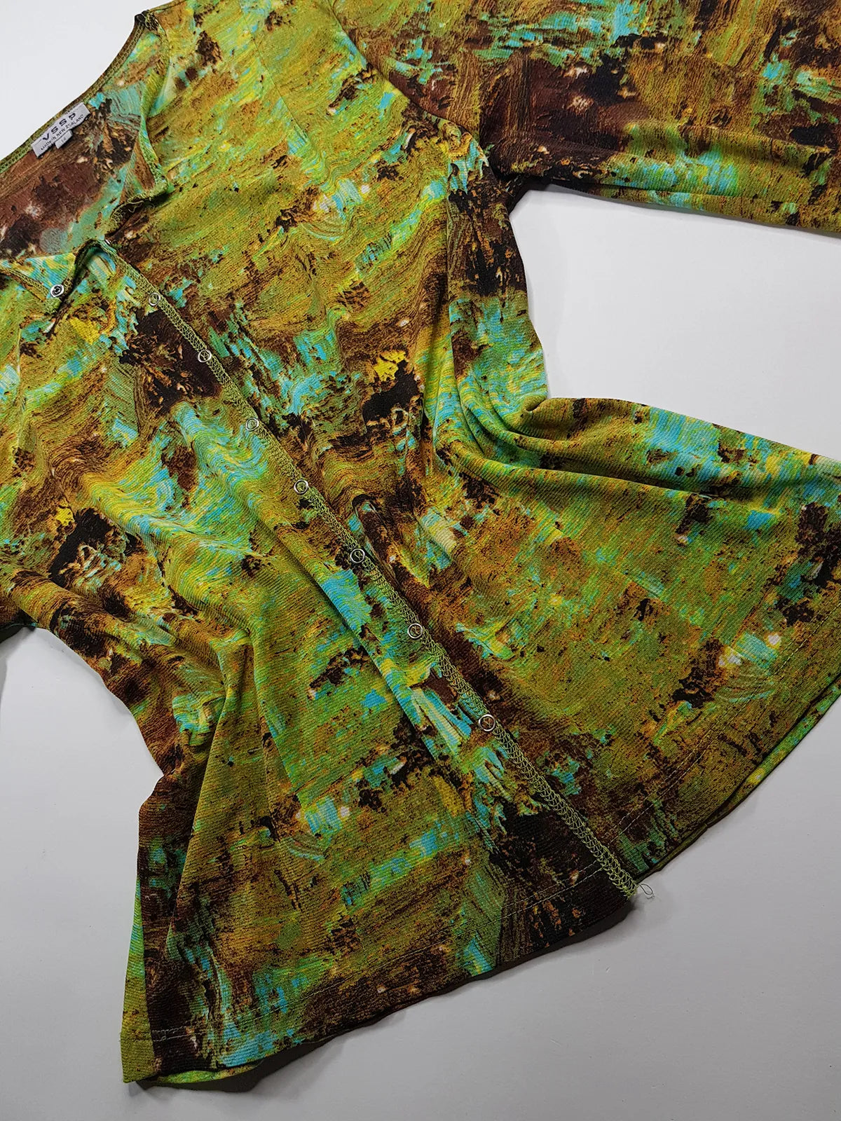 1990s Sexy Vintage Designer Collared Top - Button Feature Front - Tight & Form Fitting Stretch Fabric - Chartreuse & Blue