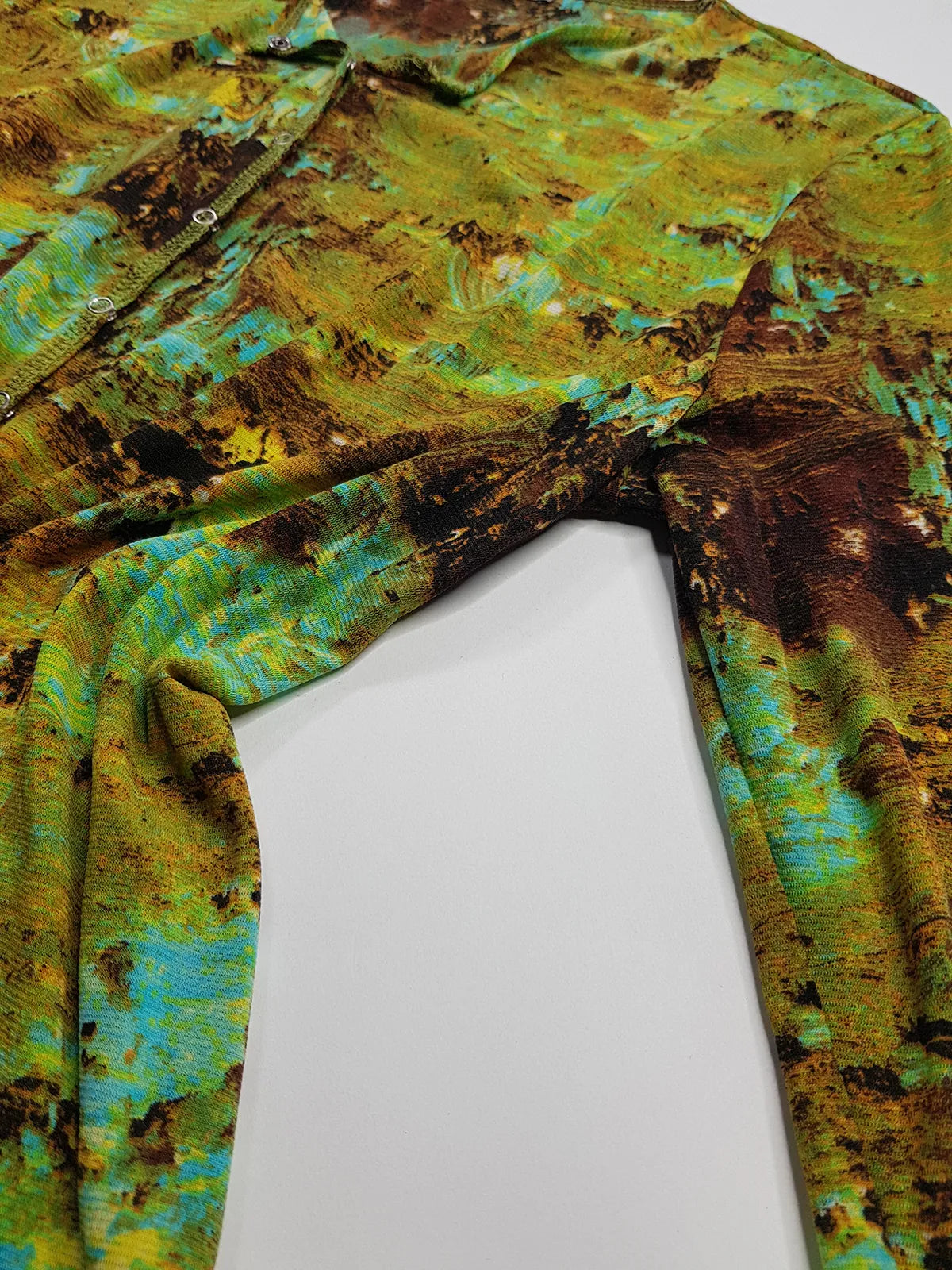 1990s Sexy Vintage Designer Collared Top - Button Feature Front - Tight & Form Fitting Stretch Fabric - Chartreuse & Blue