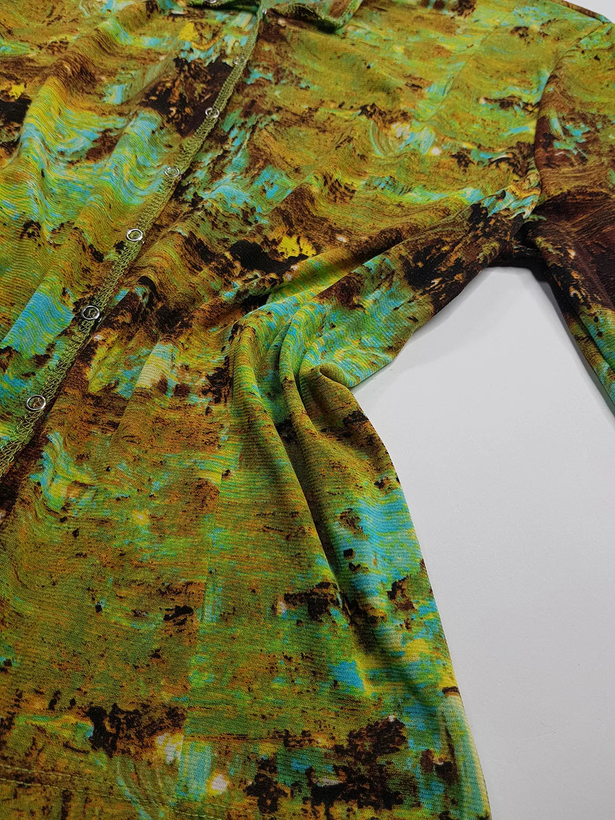 1990s Sexy Vintage Designer Collared Top - Button Feature Front - Tight & Form Fitting Stretch Fabric - Chartreuse & Blue