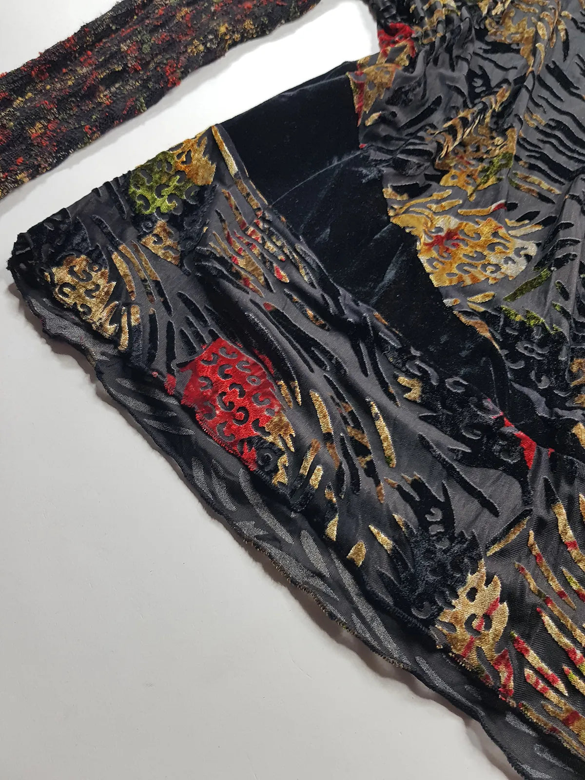 1990s Sexy Vintage Designer Bohemian Rockstar Style Burnout Flocked Velvet - Tiger Print with Red Accents - Asymmetrical Hemline Top with Knit Sleeves