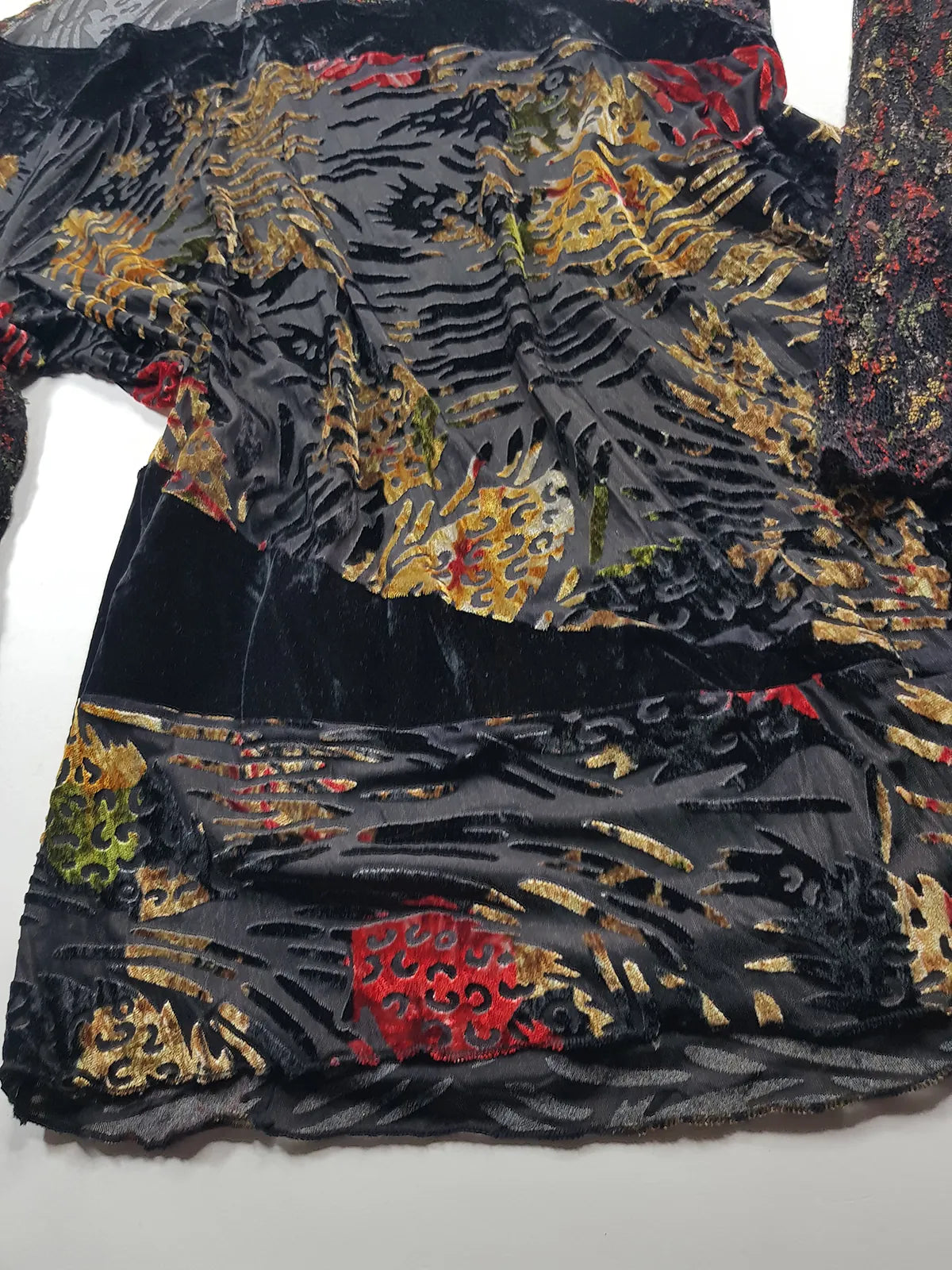 1990s Sexy Vintage Designer Bohemian Rockstar Style Burnout Flocked Velvet - Tiger Print with Red Accents - Asymmetrical Hemline Top with Knit Sleeves