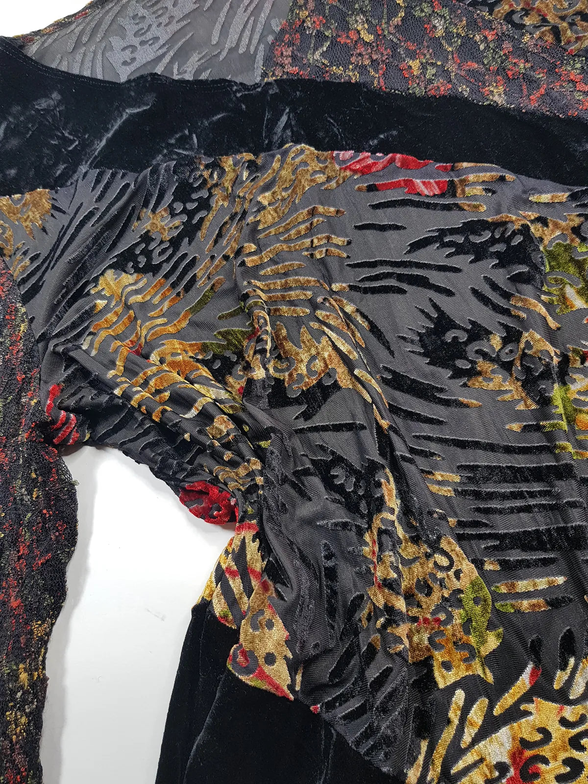 1990s Sexy Vintage Designer Bohemian Rockstar Style Burnout Flocked Velvet - Tiger Print with Red Accents - Asymmetrical Hemline Top with Knit Sleeves