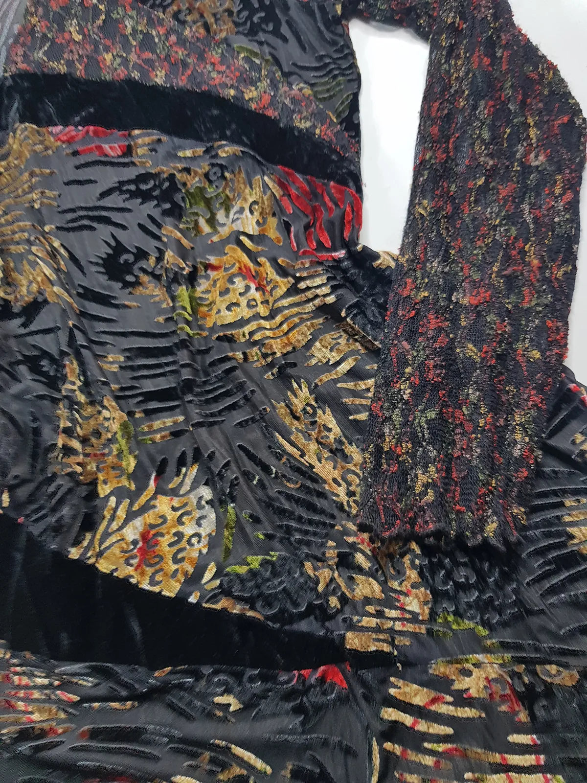 1990s Sexy Vintage Designer Bohemian Rockstar Style Burnout Flocked Velvet - Tiger Print with Red Accents - Asymmetrical Hemline Top with Knit Sleeves