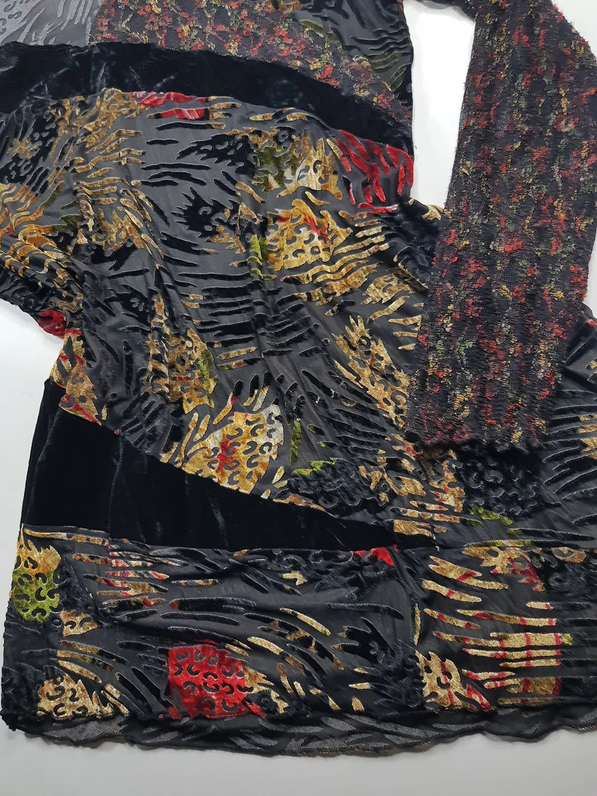 1990s Sexy Vintage Designer Bohemian Rockstar Style Burnout Flocked Velvet - Tiger Print with Red Accents - Asymmetrical Hemline Top with Knit Sleeves