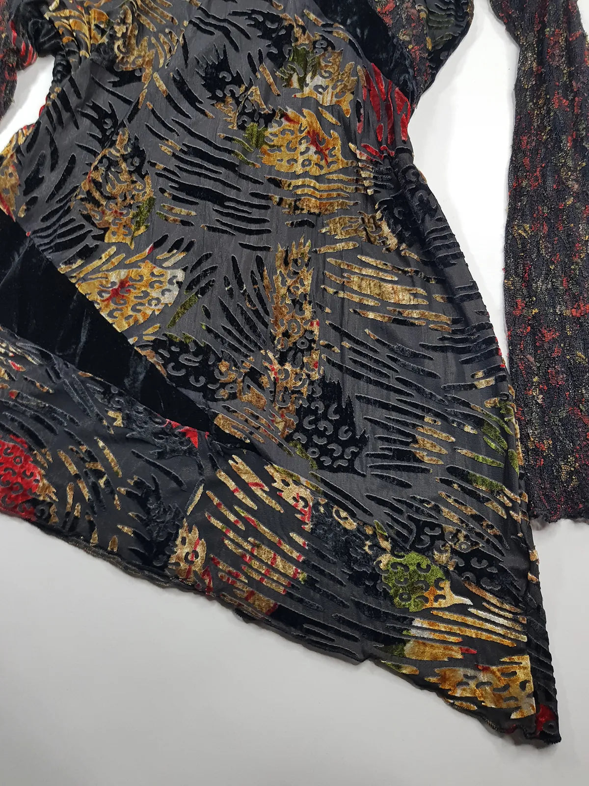 1990s Sexy Vintage Designer Bohemian Rockstar Style Burnout Flocked Velvet - Tiger Print with Red Accents - Asymmetrical Hemline Top with Knit Sleeves