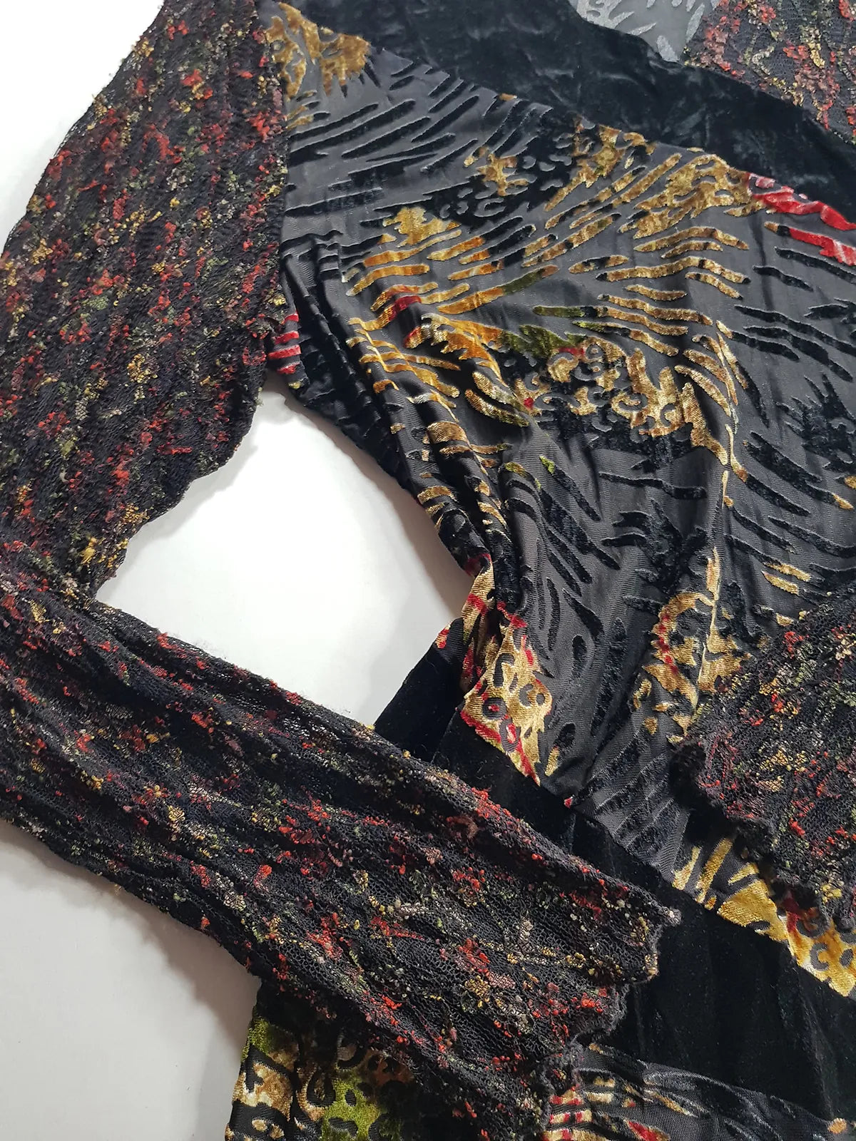 1990s Sexy Vintage Designer Bohemian Rockstar Style Burnout Flocked Velvet - Tiger Print with Red Accents - Asymmetrical Hemline Top with Knit Sleeves