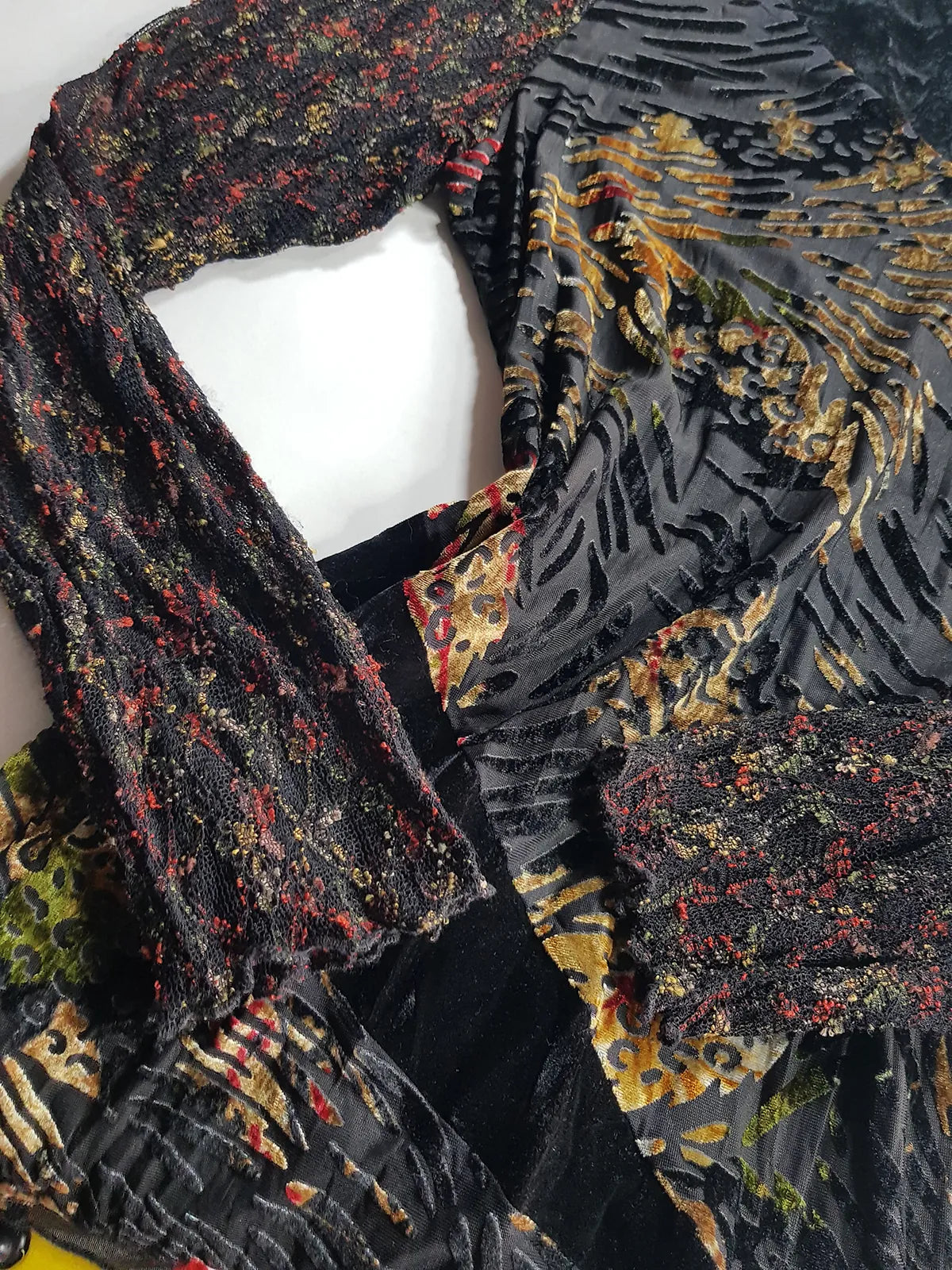 1990s Sexy Vintage Designer Bohemian Rockstar Style Burnout Flocked Velvet - Tiger Print with Red Accents - Asymmetrical Hemline Top with Knit Sleeves