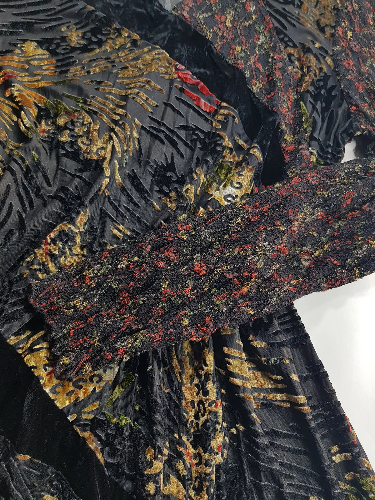 1990s Sexy Vintage Designer Bohemian Rockstar Style Burnout Flocked Velvet - Tiger Print with Red Accents - Asymmetrical Hemline Top with Knit Sleeves