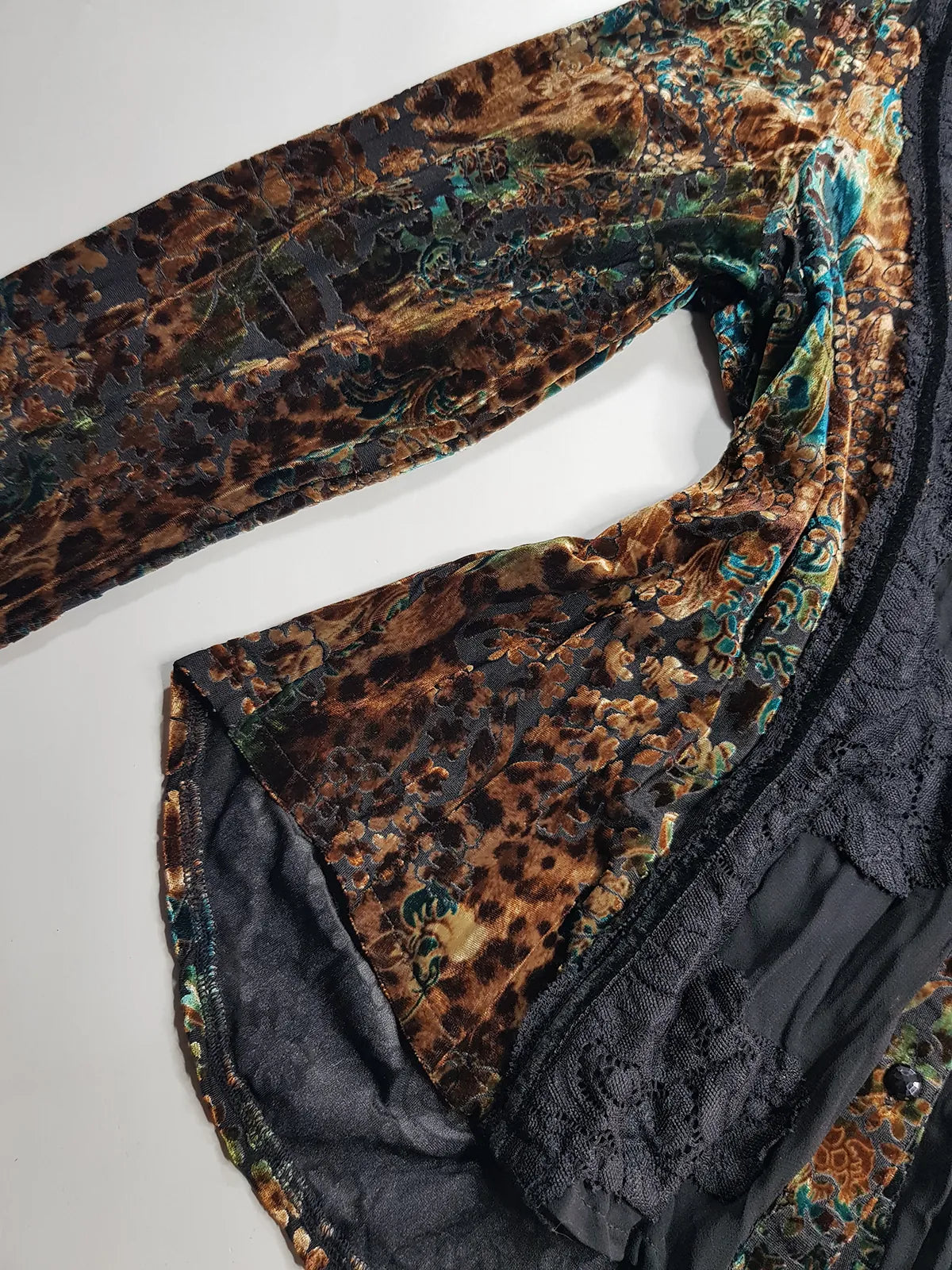 1990s Sexy Vintage Designer Bohemian Rockstar Style Burnt Velvet & Lace Button up Top