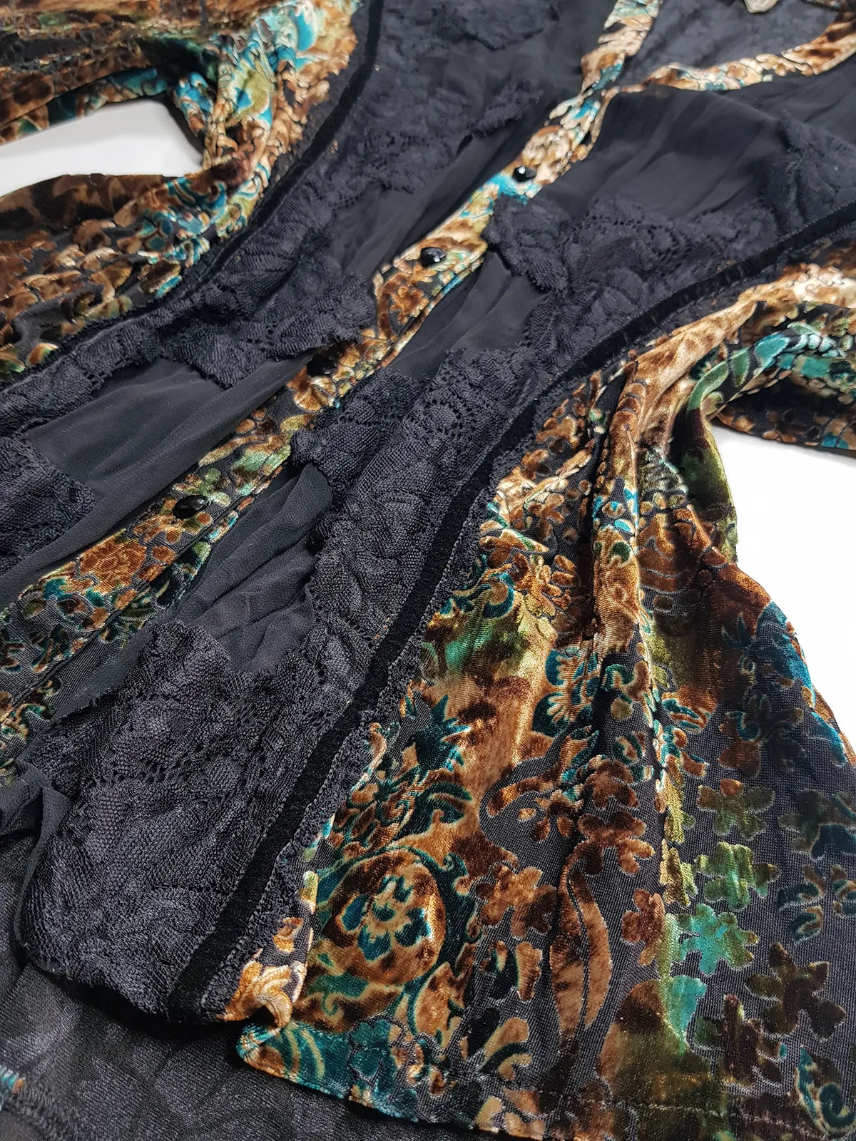 1990s Sexy Vintage Designer Bohemian Rockstar Style Burnt Velvet & Lace Button up Top