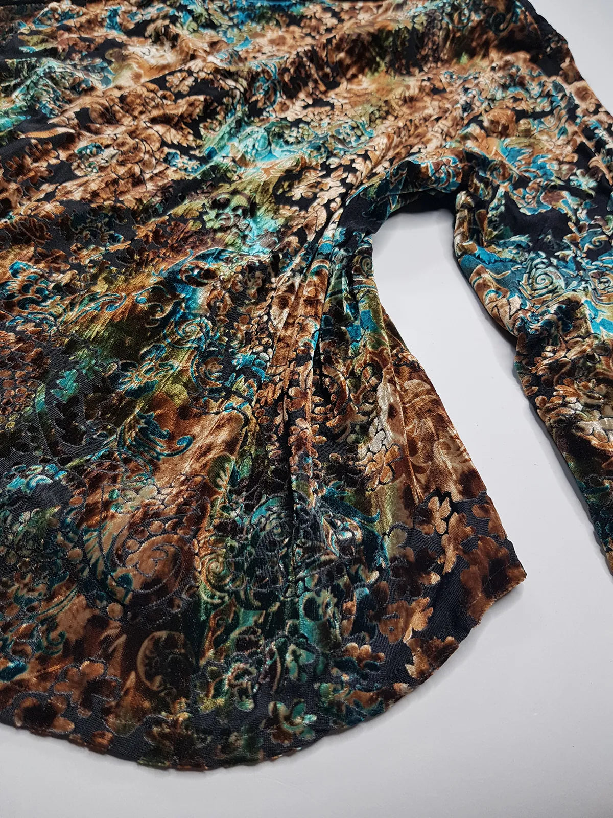 1990s Sexy Vintage Designer Bohemian Rockstar Style Burnt Velvet & Lace Button up Top