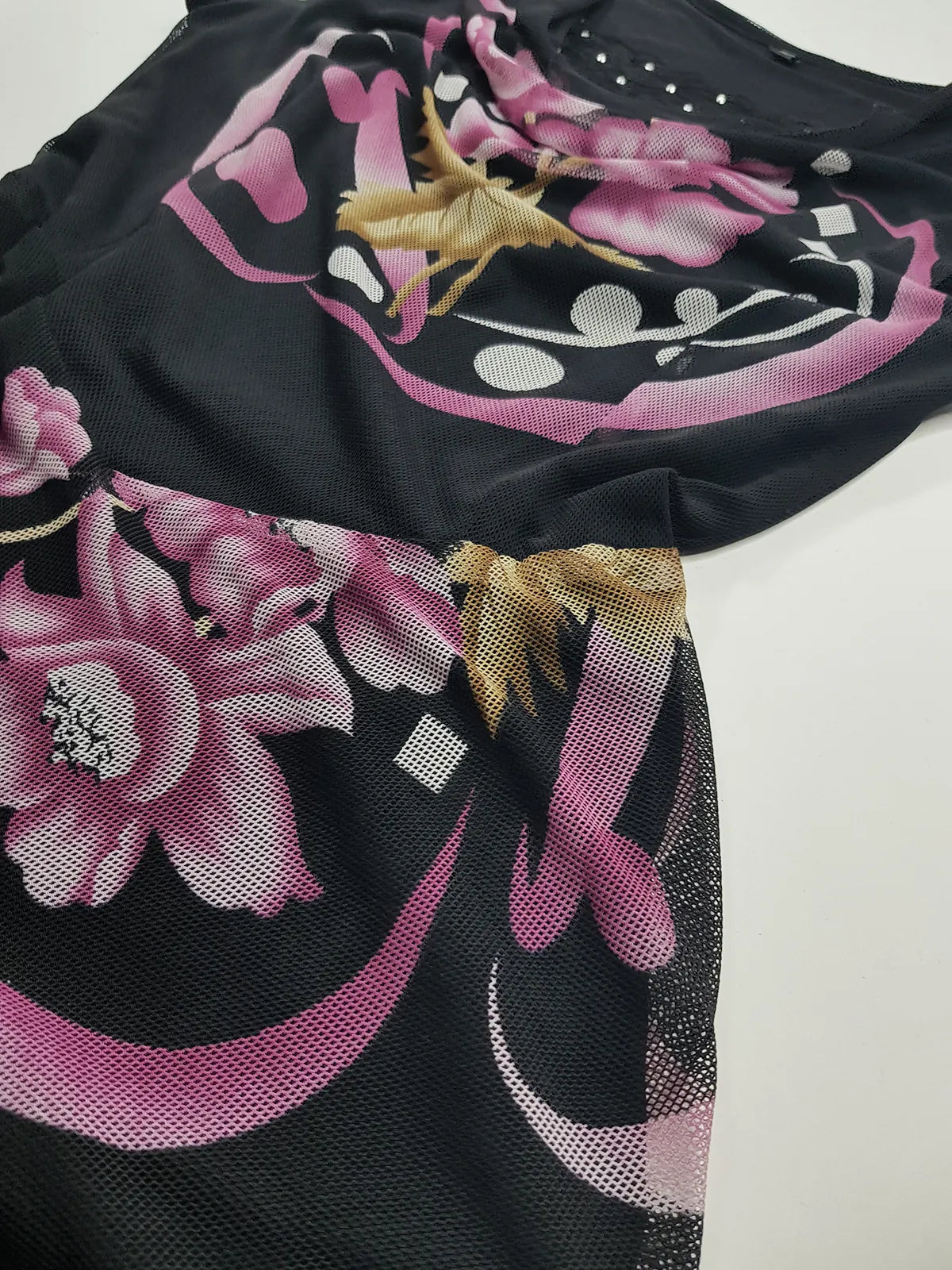 1990s Sexy Vintage Whimsical Dark Garden Fairy Dress - Mesh Cowl Neck - Tailored Beautifully- Handkerchief Hemline - Lace & Rhinestone Bust - Insane Floral Print