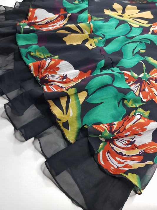 1990s Sexy Bohemian Rockstar Vintage Maxi Skirt / Dress - Floaty Multi Tier Cut - Insane Floral Print - Double Layered