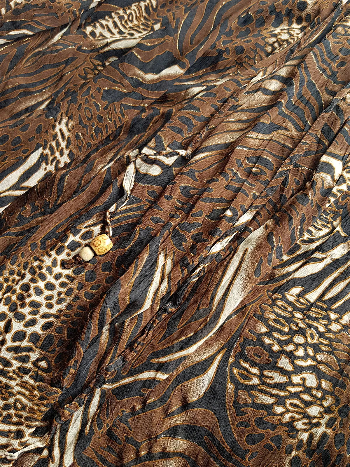 1990s Sexy Bohemian Rockstar Vintage Maxi Skirt / Dress - Floaty Multi Tier Cut - Insane Tiger & Cheetah Print - Multi Layered - Tribal Beading Drawstring Waist