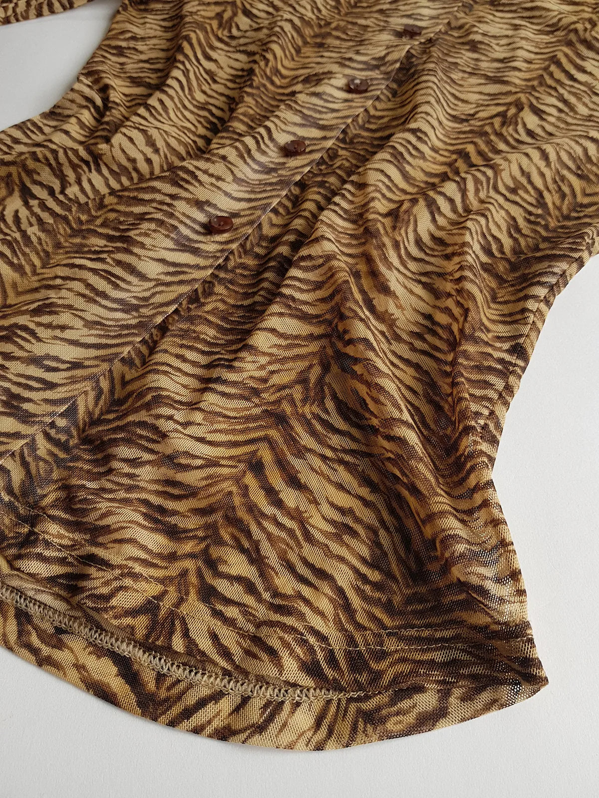1990s Sexy Vintage Designer Bohemian Tigress - Rockstar Style  Button up - Collared Top in Mesh with Tiger Print