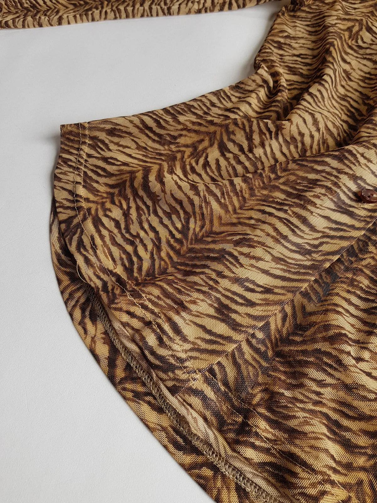 1990s Sexy Vintage Designer Bohemian Tigress - Rockstar Style  Button up - Collared Top in Mesh with Tiger Print