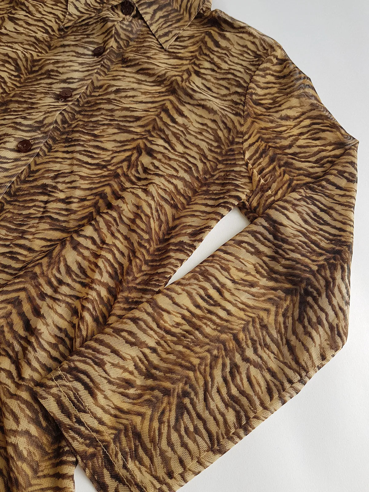 1990s Sexy Vintage Designer Bohemian Tigress - Rockstar Style  Button up - Collared Top in Mesh with Tiger Print