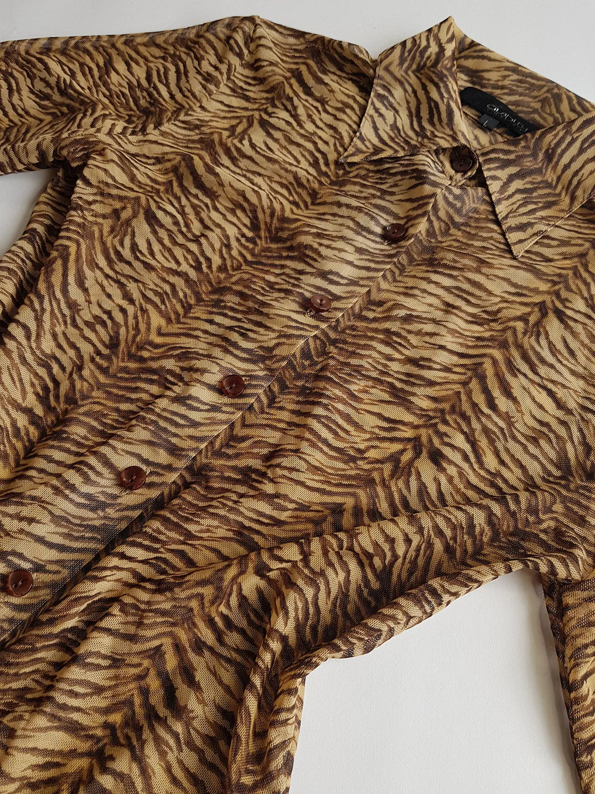 1990s Sexy Vintage Designer Bohemian Tigress - Rockstar Style  Button up - Collared Top in Mesh with Tiger Print