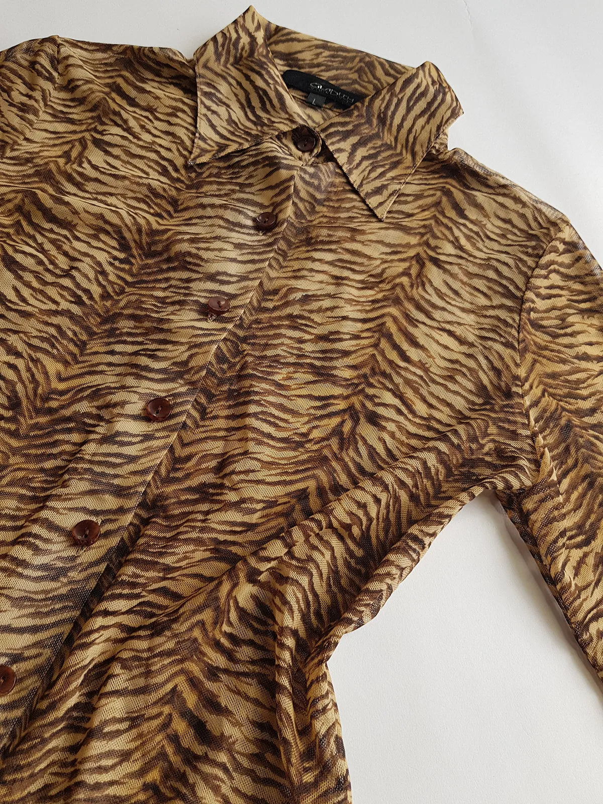 1990s Sexy Vintage Designer Bohemian Tigress - Rockstar Style  Button up - Collared Top in Mesh with Tiger Print
