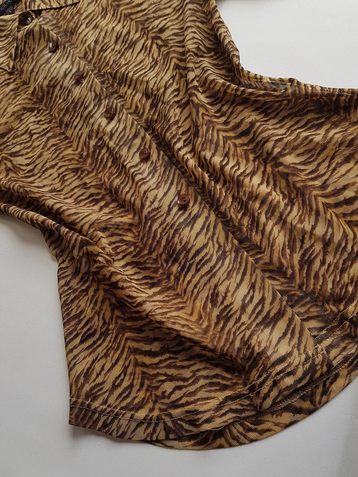 1990s Sexy Vintage Designer Bohemian Tigress - Rockstar Style  Button up - Collared Top in Mesh with Tiger Print