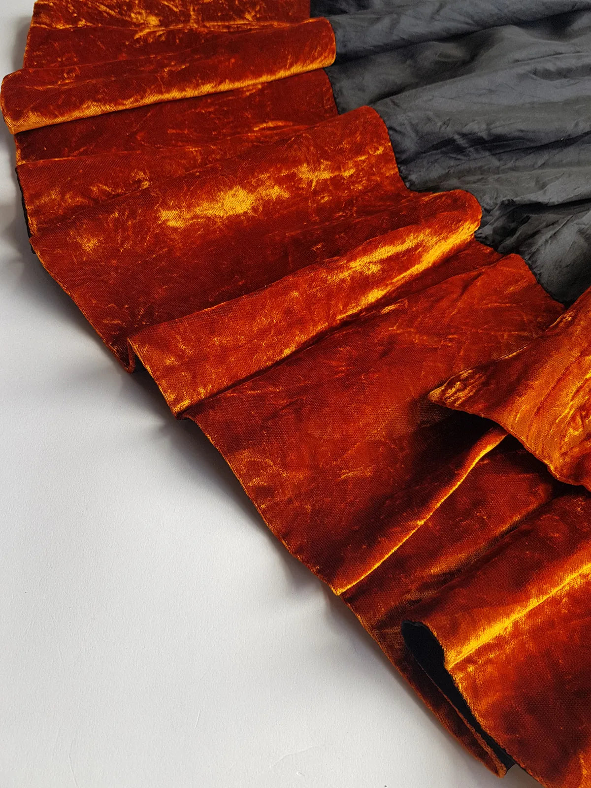 1990s Sexy Vintage Parisian Mini Skirt with absolutely insane burnt fire orange velvet paneling & matching shawl / belt - wear different ways