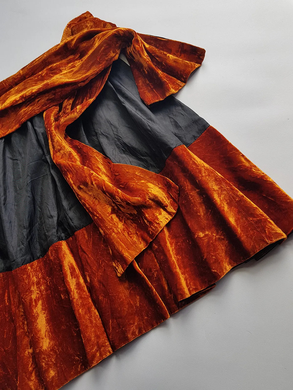 1990s Sexy Vintage Parisian Mini Skirt with absolutely insane burnt fire orange velvet paneling & matching shawl / belt - wear different ways