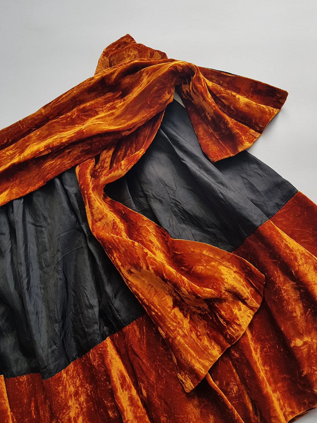 1990s Sexy Vintage Parisian Mini Skirt with absolutely insane burnt fire orange velvet paneling & matching shawl / belt - wear different ways