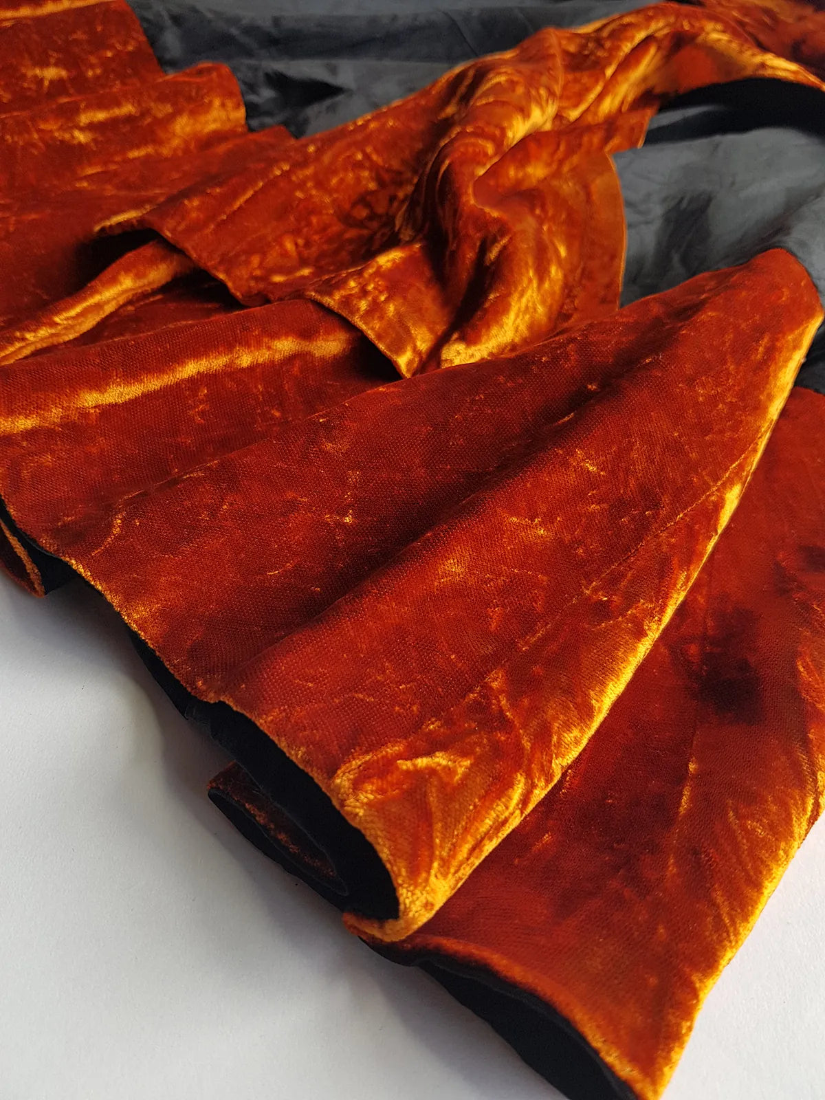 1990s Sexy Vintage Parisian Mini Skirt with absolutely insane burnt fire orange velvet paneling & matching shawl / belt - wear different ways