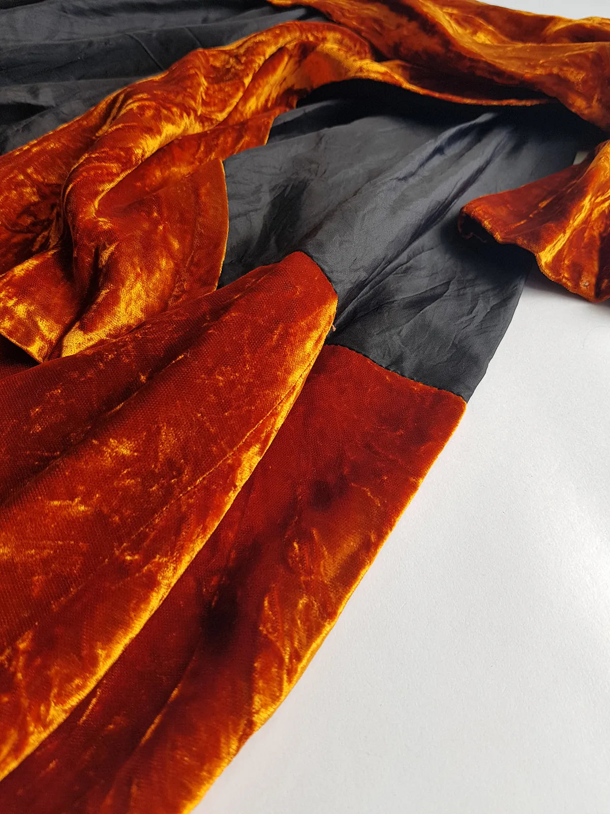 1990s Sexy Vintage Parisian Mini Skirt with absolutely insane burnt fire orange velvet paneling & matching shawl / belt - wear different ways