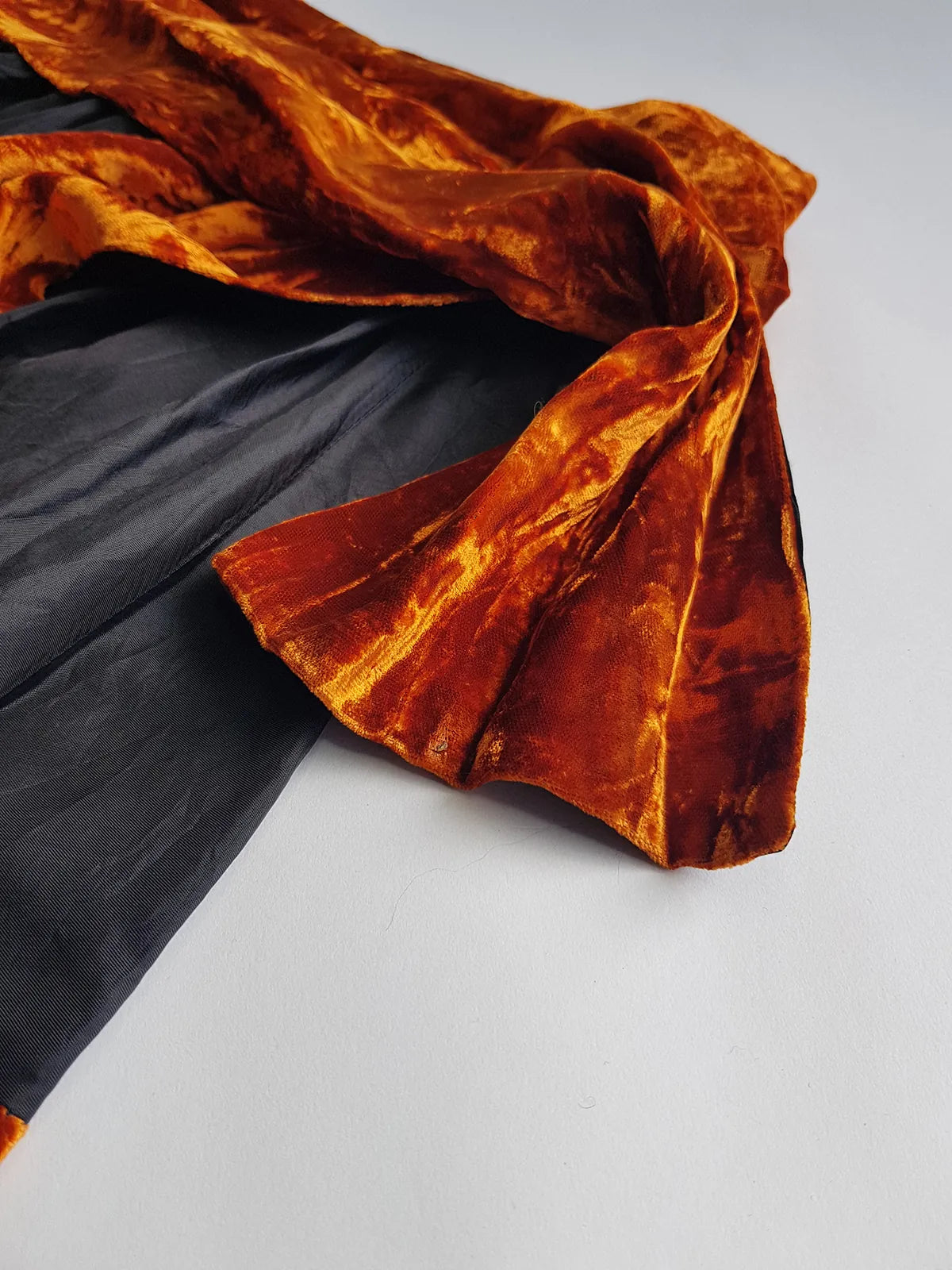 1990s Sexy Vintage Parisian Mini Skirt with absolutely insane burnt fire orange velvet paneling & matching shawl / belt - wear different ways