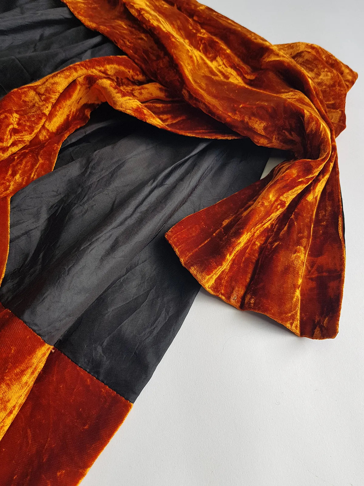 1990s Sexy Vintage Parisian Mini Skirt with absolutely insane burnt fire orange velvet paneling & matching shawl / belt - wear different ways