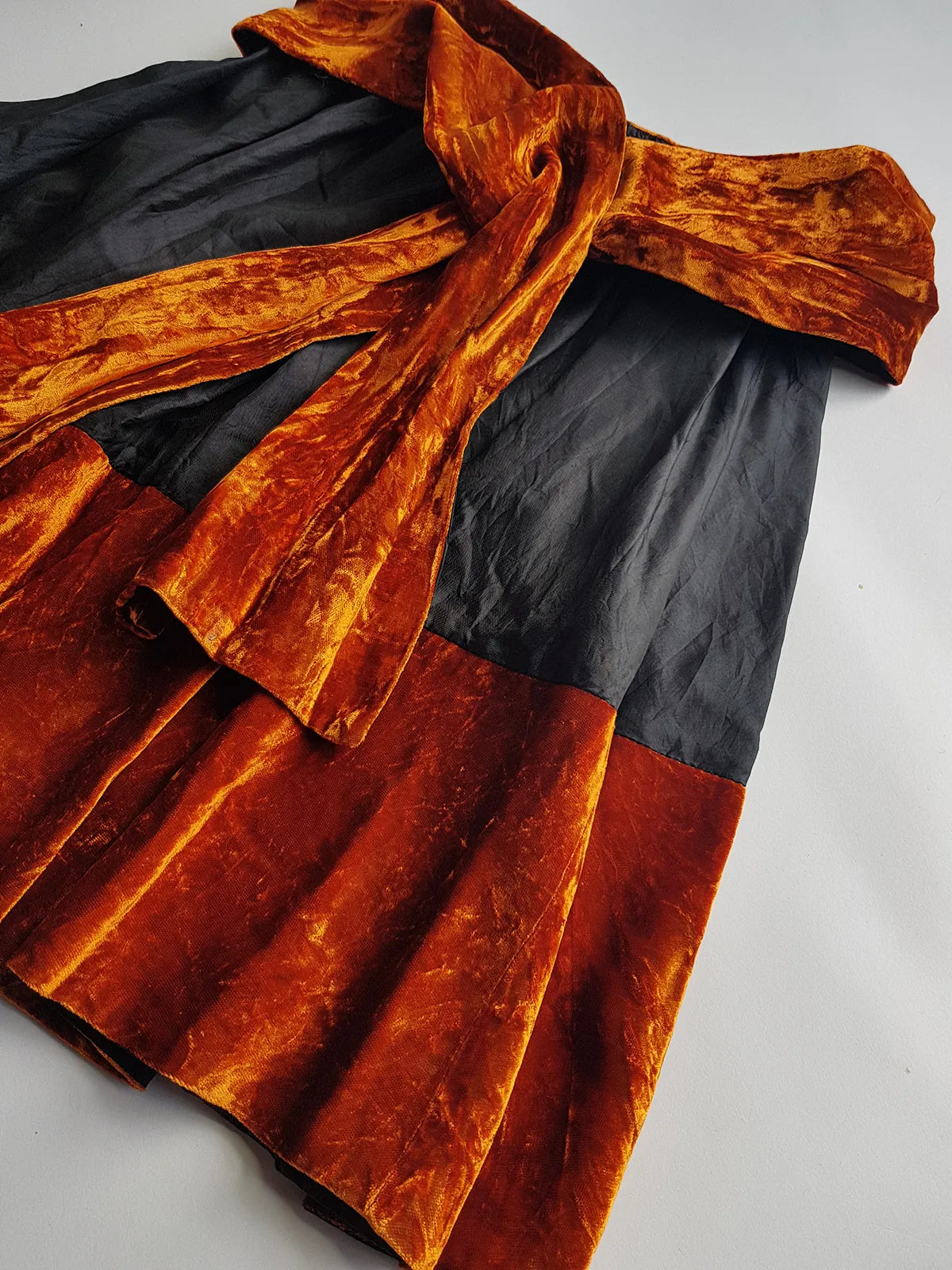 1990s Sexy Vintage Parisian Mini Skirt with absolutely insane burnt fire orange velvet paneling & matching shawl / belt - wear different ways