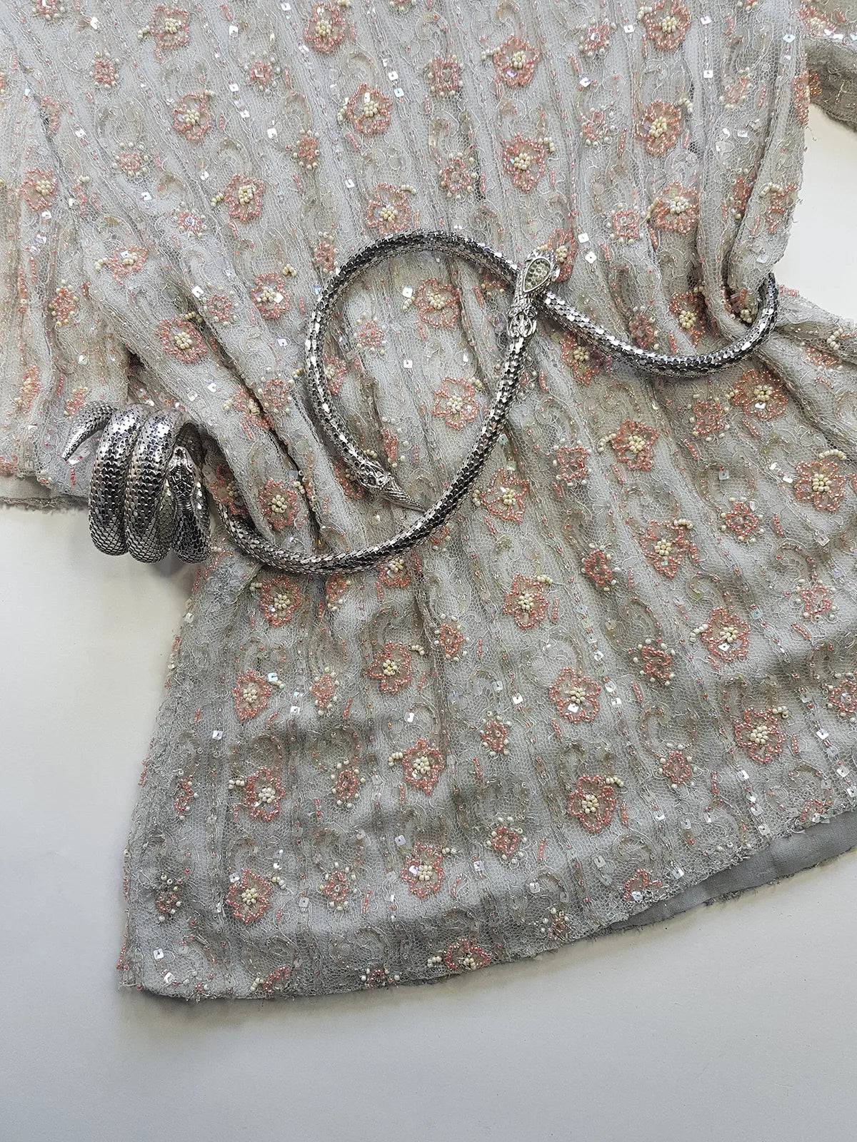 Vintage Ethereal Bridal Quality Ice Blue & Peach Silk  Beaded Top - Absolutely Angelic and Beautifully Hand Beaded
