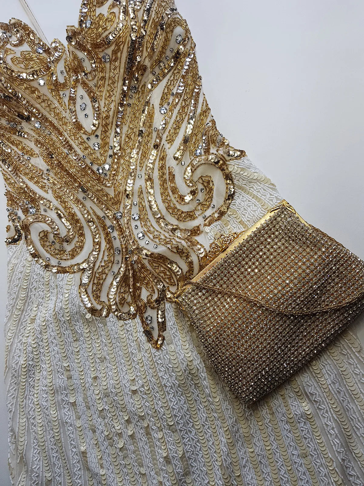 Pure Silk One in a Million Party Dress - Fully Hand Sequined - White & Gold full sequins - magnetic piece that you'll keep forever