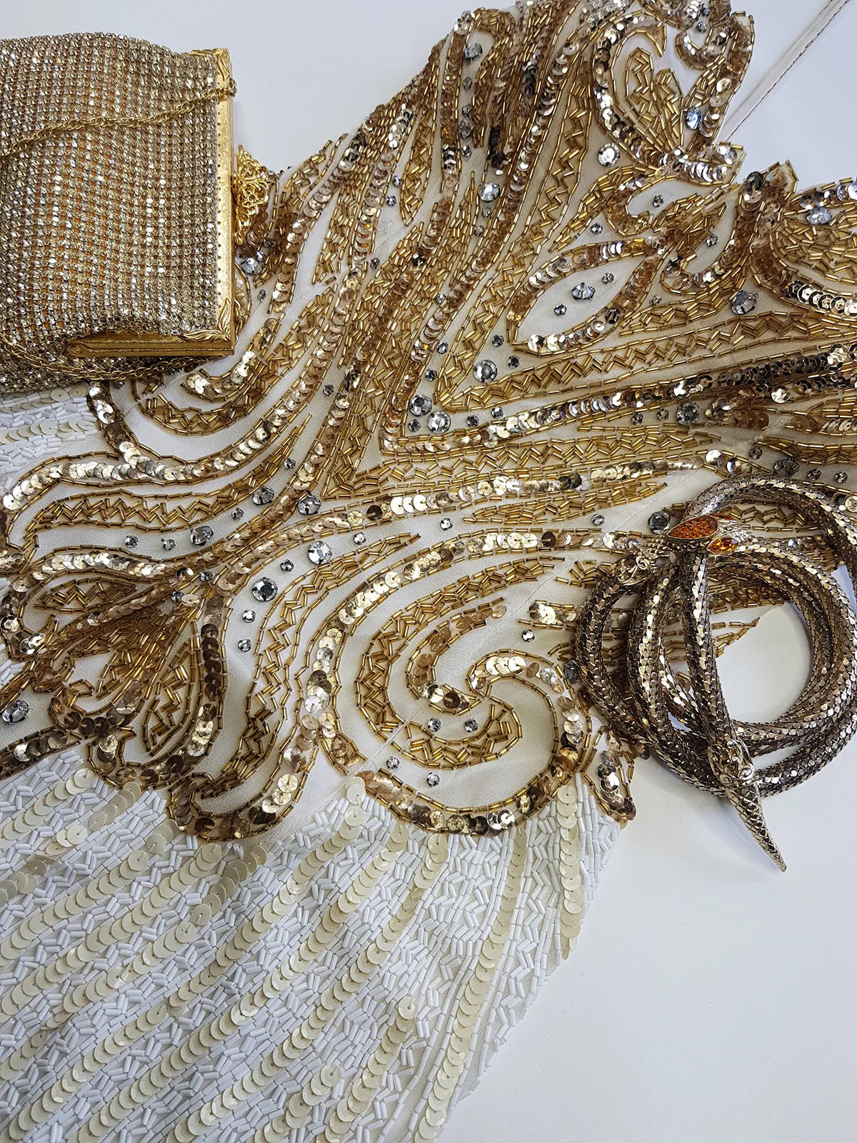 Pure Silk One in a Million Party Dress - Fully Hand Sequined - White & Gold full sequins - magnetic piece that you'll keep forever