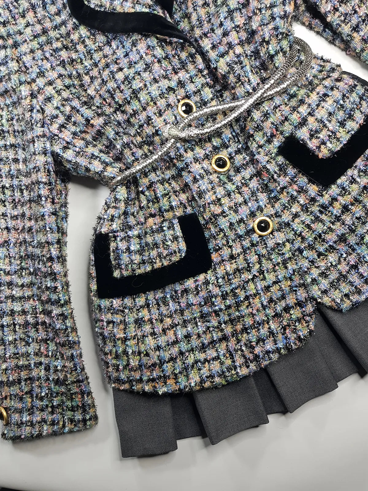 Givenchy Couture Designer Vintage Tweed & Velvet - Wool & Mohair Blazer - Spring Colours - France