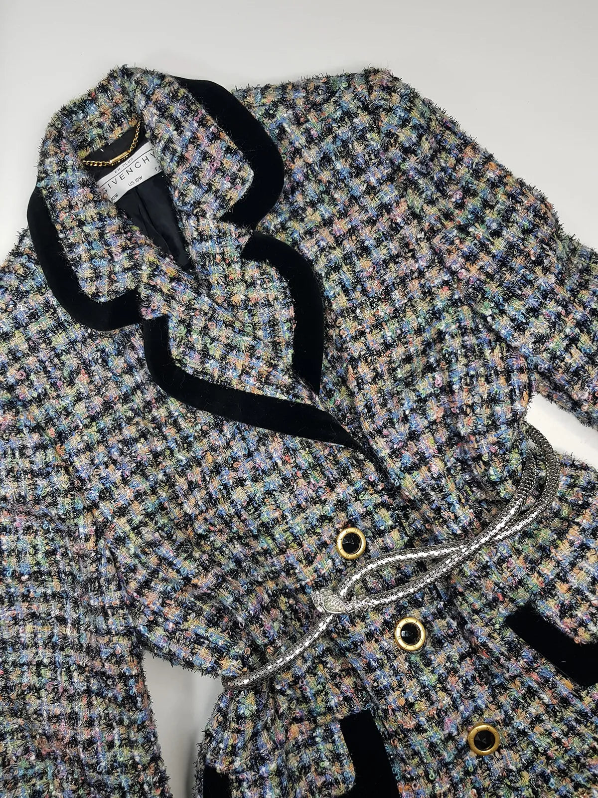 Givenchy Couture Designer Vintage Tweed & Velvet - Wool & Mohair Blazer - Spring Colours - France