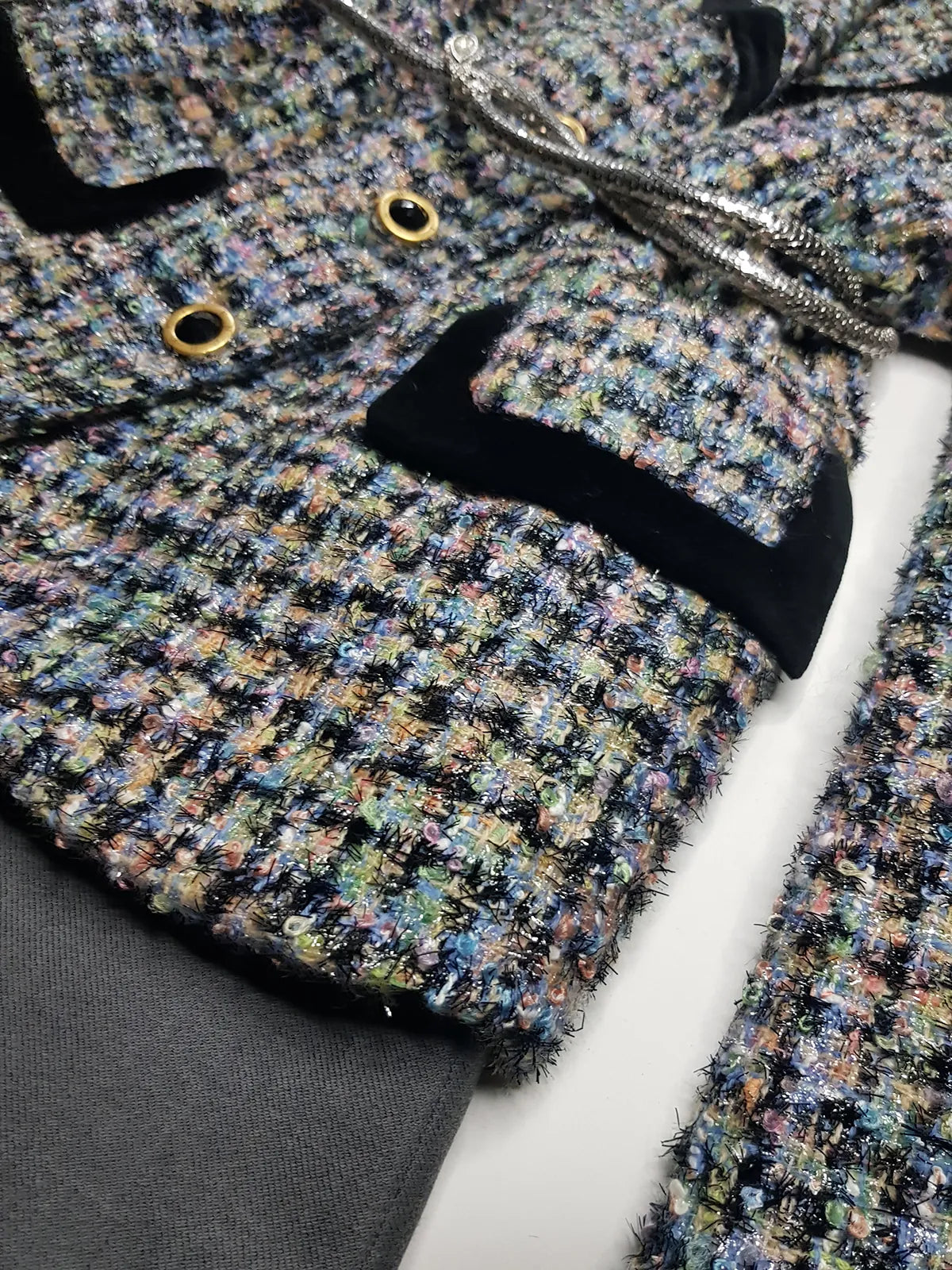 Givenchy Couture Designer Vintage Tweed & Velvet - Wool & Mohair Blazer - Spring Colours - France