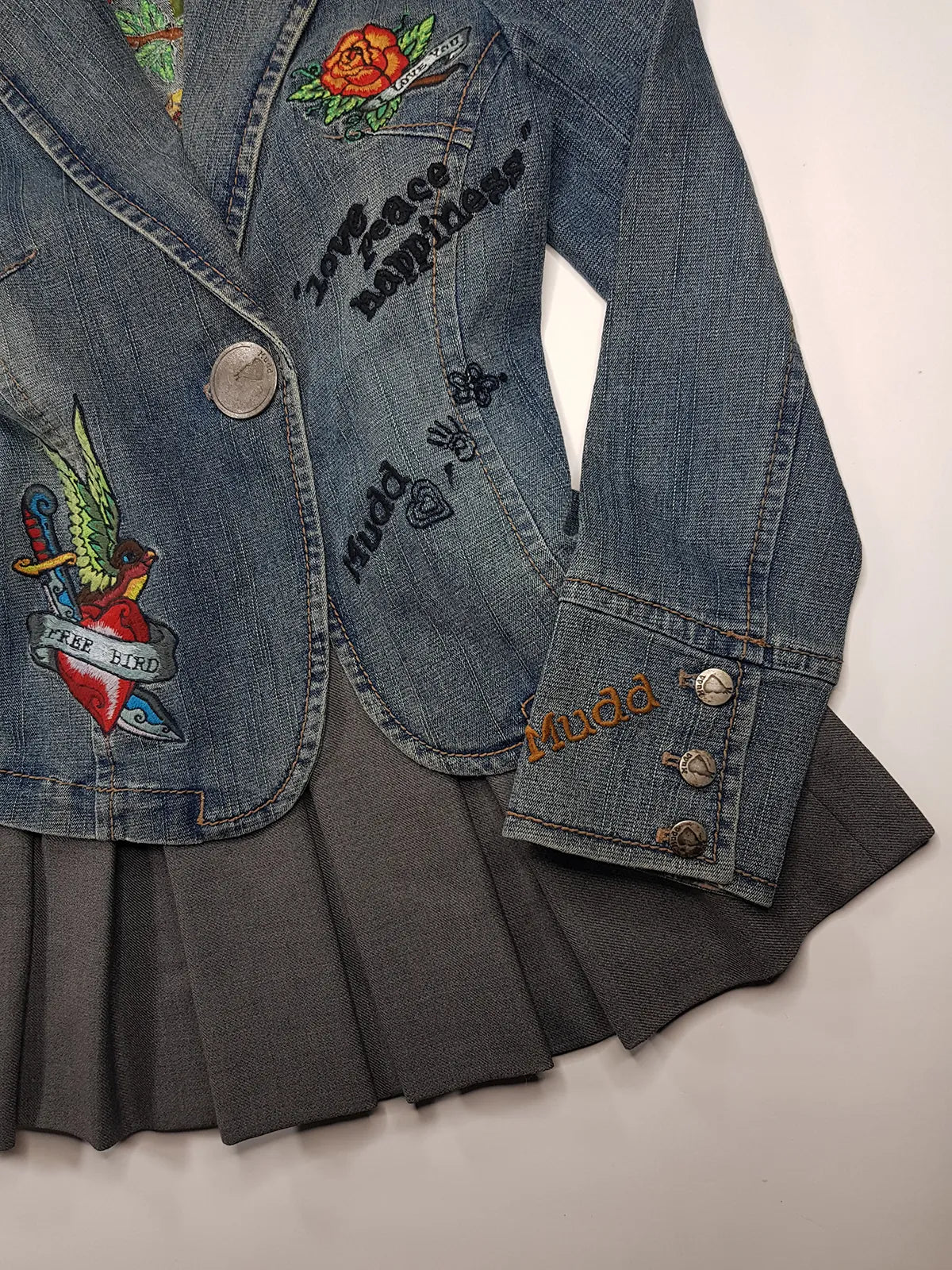 1990s Mudd Designer Deadstock - Insane Denim & Embroidery - Fitted Jacket - Metal Hardware - Original Tags still Attached