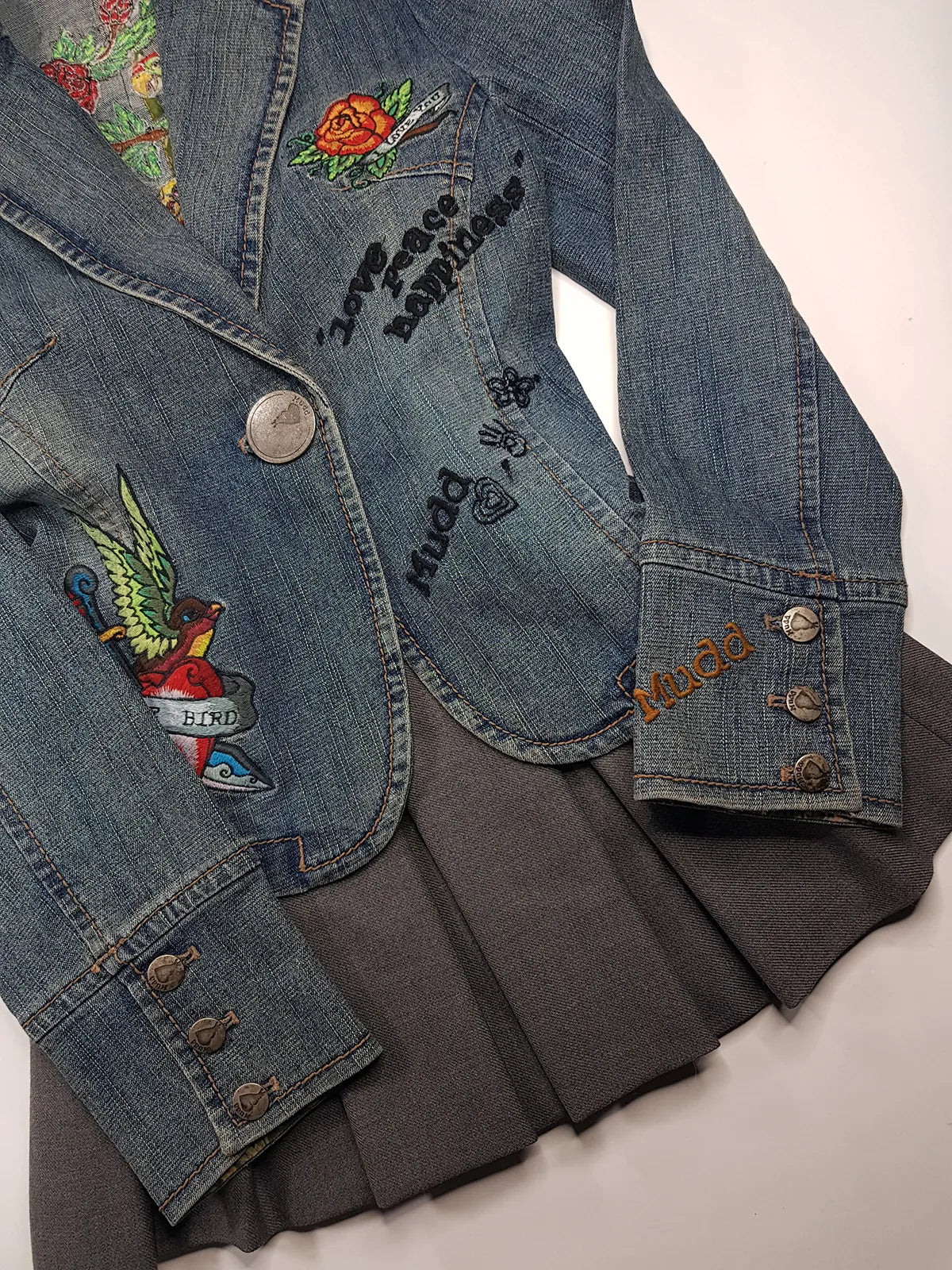 1990s Mudd Designer Deadstock - Insane Denim & Embroidery - Fitted Jacket - Metal Hardware - Original Tags still Attached