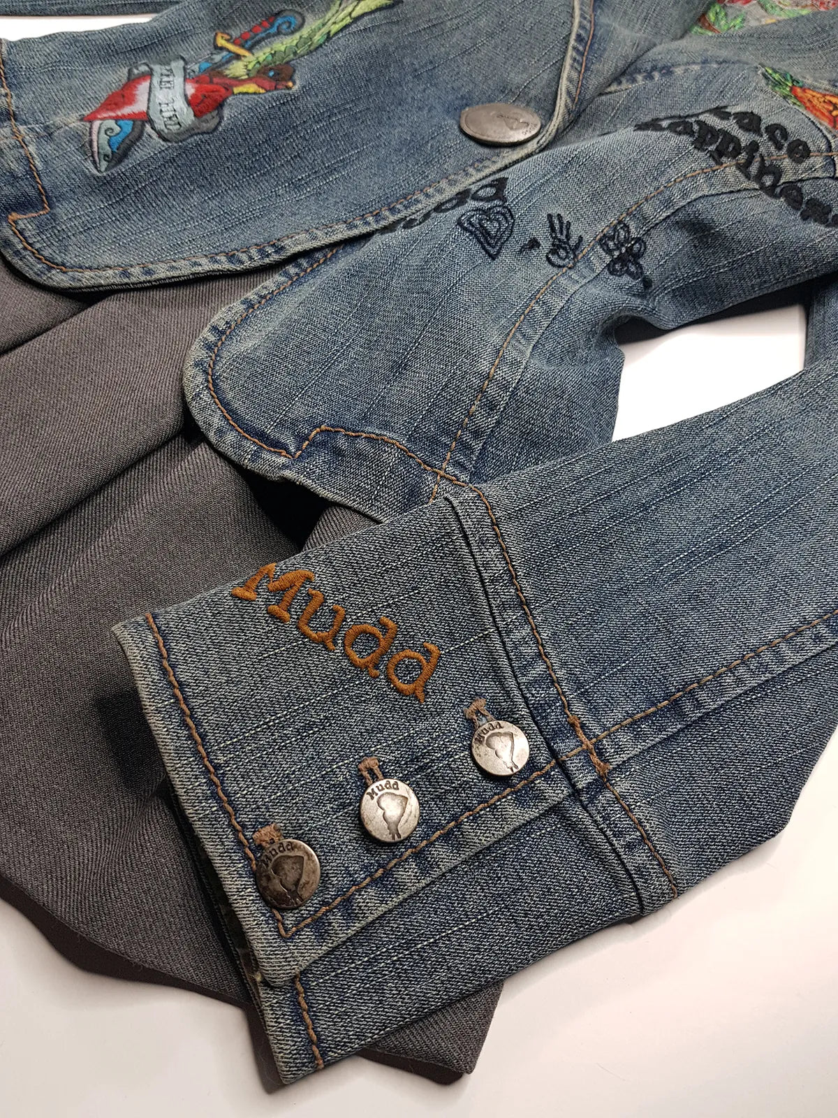 1990s Mudd Designer Deadstock - Insane Denim & Embroidery - Fitted Jacket - Metal Hardware - Original Tags still Attached