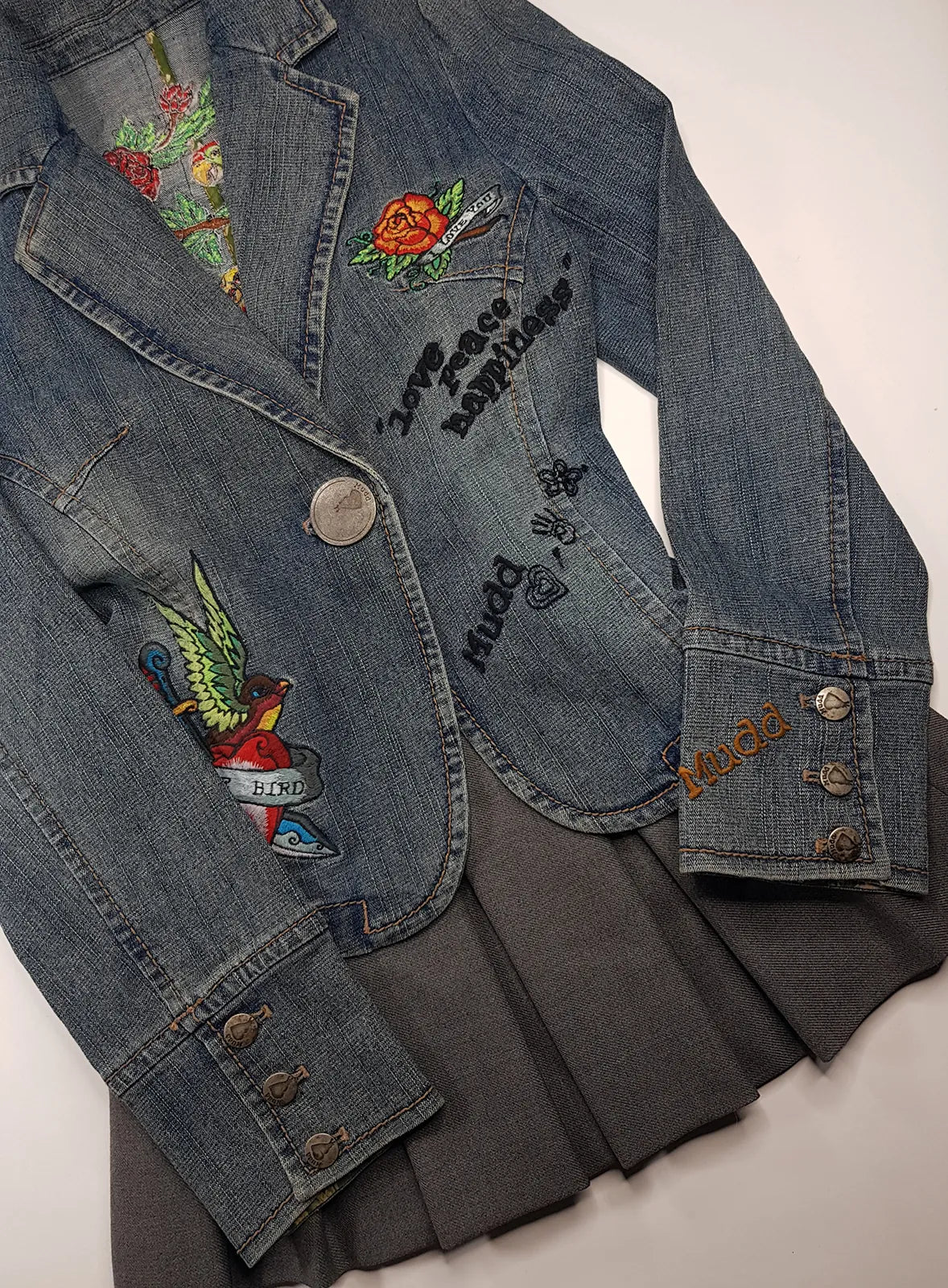 1990s Mudd Designer Deadstock - Insane Denim & Embroidery - Fitted Jacket - Metal Hardware - Original Tags still Attached